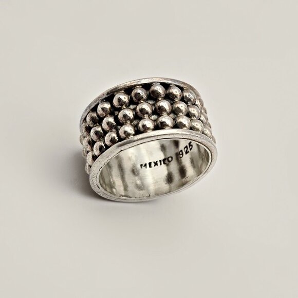 Men's Mexican Sterling Ring - Wide Band Ring - Silver Ball Ring Size 11 - Picture 5 of 6